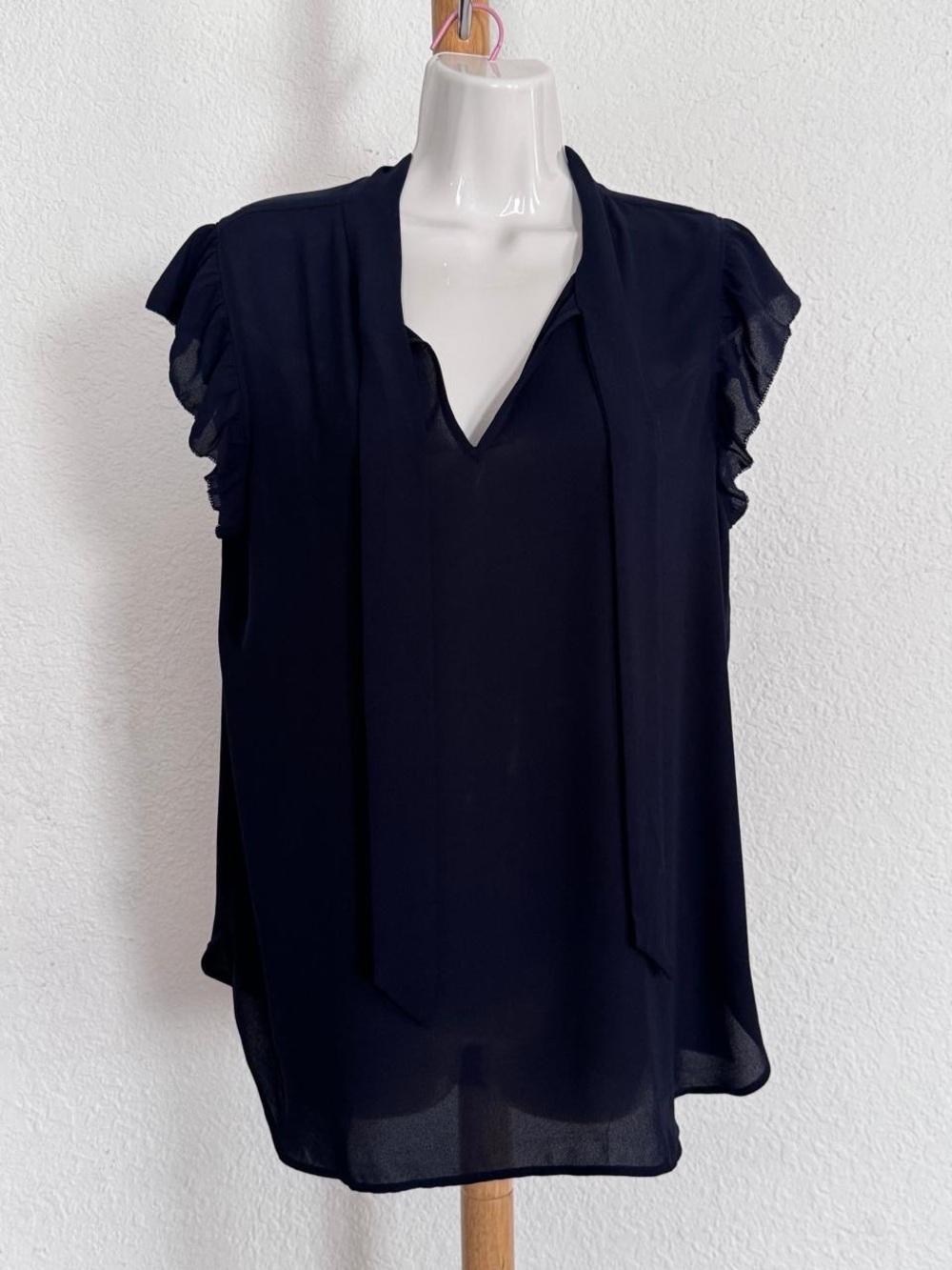 LOFT Navy Blue Ruffle Cap-Sleeve Tie Blouse